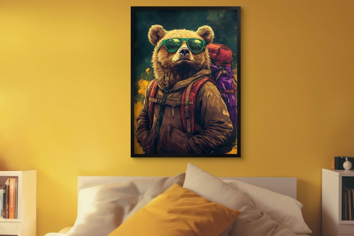 Oryginalny plakat: Niedźwiedź Turysta | Śmieszna, nowoczesna grafika z misiem w okularach 94209 - zdjęcie 5