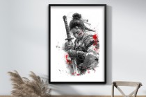 Plakat- Japońska wojowniczka z Kataną | Czarno-biała ilustracja z czerwonym akcentem | Obraz z samurajką 82012 Naklejkomania - zdjecie 5 - miniatura