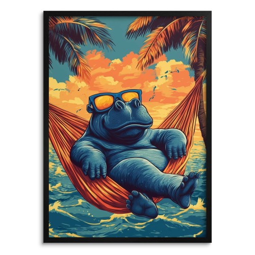 Wakacyjny Plakat- Hipopotam w Hamaku | Humorystyczna Dekoracja Ścienna | Tropikalny Zachód Słońca 94220 Naklejkomania - zdjecie 1