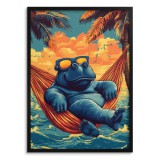 Wakacyjny Plakat- Hipopotam w Hamaku | Humorystyczna Dekoracja Ścienna | Tropikalny Zachód Słońca 94220 Naklejkomania - zdjecie 1 - miniatura