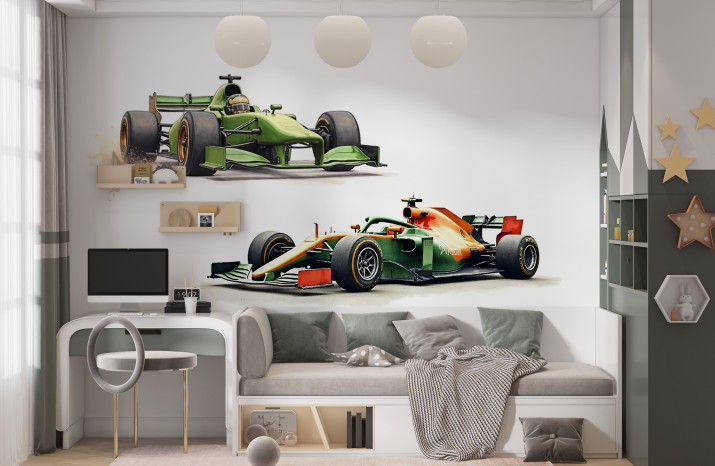 Naklejka ścienna Bolid F1 – Kolorowa dekoracja do pokoju chłopca | Samochody wyścigowe Formuła 1 T66762 Naklejkomania - zdjecie 1