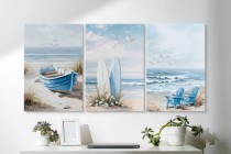 Tryptyk Plaża i Morze – Deski surfingowe, fale, mewy | Obraz w stylu coastal | Relaksacyjna dekoracja O82001 Naklejkomania - zdjecie 3 - miniatura