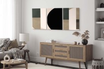 Nowoczesny Tryptyk – Obrazy Geometryczne w odcieniach Beżu, Czerni i Zieleni | Minimalistyczna Dekoracja do Wnętrz O81818 Naklejkomania - zdjecie 5 - miniatura
