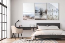 Tryptyk Spokojny Pejzaż – Jezioro i Trzciny | Minimalistyczna Ozdoba na Ścianę do Wnętrz w Stylu Boho O81986 Naklejkomania - zdjecie 3 - miniatura