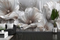 Srebrna Fototapeta 3D – Eleganckie białe maki | Nowoczesna dekoracja kwiatowa do wnętrz Glamour 82094 Naklejkomania - zdjecie 1 - miniatura