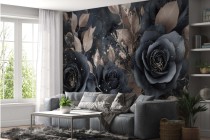 Luksusowa Fototapeta Kwiaty 3D – Granatowe Róże i Złote Liście | Nowoczesna Dekoracja Ściany Glamour 82096