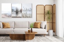 Tryptyk Spokojny Pejzaż – Jezioro i Trzciny | Minimalistyczna Ozdoba na Ścianę do Wnętrz w Stylu Boho O81986 Naklejkomania - zdjecie 5 - miniatura