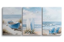Tryptyk Plaża i Morze – Deski surfingowe, fale, mewy | Obraz w stylu coastal | Relaksacyjna dekoracja O82001 Naklejkomania - zdjecie 1 - miniatura