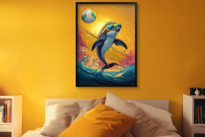 Plakat z wesołym Delfinem w Okularach – Siatkówka Plażowa | Kolorowa Dekoracja do Pokoju Dziecka i nastolatka 94221 - zdjęcie 6