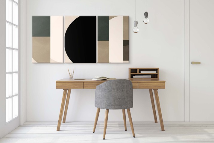 Nowoczesny Tryptyk – Obrazy Geometryczne w odcieniach Beżu, Czerni i Zieleni | Minimalistyczna Dekoracja do Wnętrz O81818 - zdjęcie 4