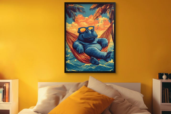 Wakacyjny Plakat- Hipopotam w Hamaku | Humorystyczna Dekoracja Ścienna | Tropikalny Zachód Słońca 94220 - zdjęcie 2