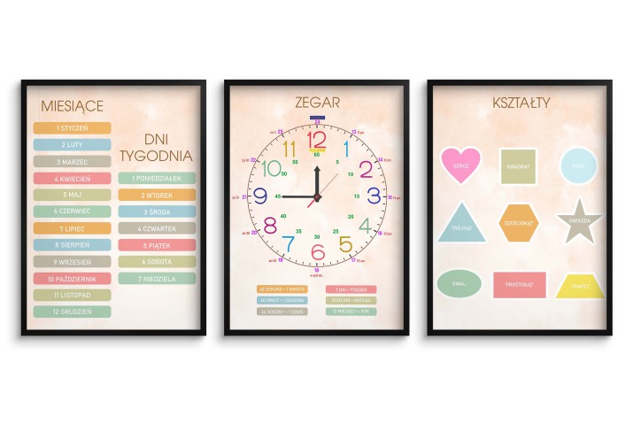Plakat edukacyjny dla dzieci – Zegar, Miesiące, Dni Tygodnia i Kształty 82080 - zdjęcie 3