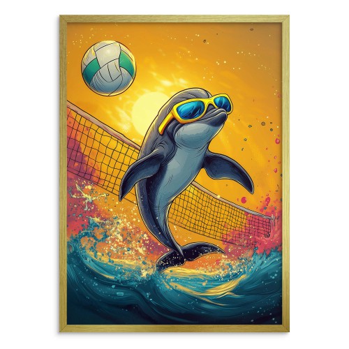 Plakat z wesołym Delfinem w Okularach – Siatkówka Plażowa | Kolorowa Dekoracja do Pokoju Dziecka i nastolatka 94221 - zdjęcie 3