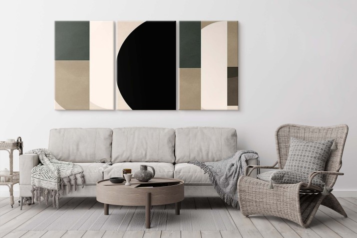 Nowoczesny Tryptyk – Obrazy Geometryczne w odcieniach Beżu, Czerni i Zieleni | Minimalistyczna Dekoracja do Wnętrz O81818 - zdjęcie 3