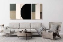 Nowoczesny Tryptyk – Obrazy Geometryczne w odcieniach Beżu, Czerni i Zieleni | Minimalistyczna Dekoracja do Wnętrz O81818 Naklejkomania - zdjecie 3 - miniatura