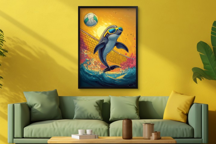 Plakat z wesołym Delfinem w Okularach – Siatkówka Plażowa | Kolorowa Dekoracja do Pokoju Dziecka i nastolatka 94221 - zdjęcie 2
