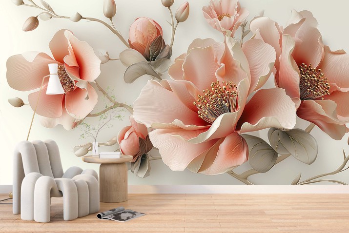 Romantyczna Fototapeta Kwiaty 3D – Eleganckie Magnolie odcieniach różu i beżu | Dekoracja do nowoczesnego salonu 82089