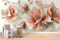 Romantyczna Fototapeta Kwiaty 3D – Eleganckie Magnolie odcieniach różu i beżu | Dekoracja do nowoczesnego salonu 82089 Naklejkomania - zdjecie 1 - miniatura