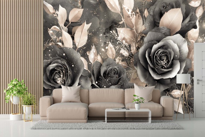 Fototapeta z efektem 3D – Luksusowe róże szaro-złote | Elegancka dekoracja ścienna glamour do salonu i sypialni 82095