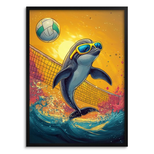 Plakat z wesołym Delfinem w Okularach – Siatkówka Plażowa | Kolorowa Dekoracja do Pokoju Dziecka i nastolatka 94221 Naklejkomania - zdjecie 1