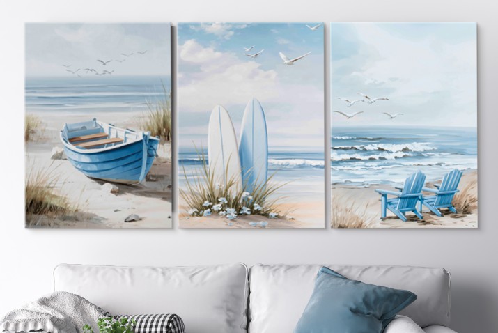 Tryptyk Plaża i Morze – Deski surfingowe, fale, mewy | Obraz w stylu coastal | Relaksacyjna dekoracja O82001 - zdjęcie 4