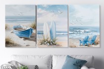 Tryptyk Plaża i Morze – Deski surfingowe, fale, mewy | Obraz w stylu coastal | Relaksacyjna dekoracja O82001 Naklejkomania - zdjecie 4 - miniatura