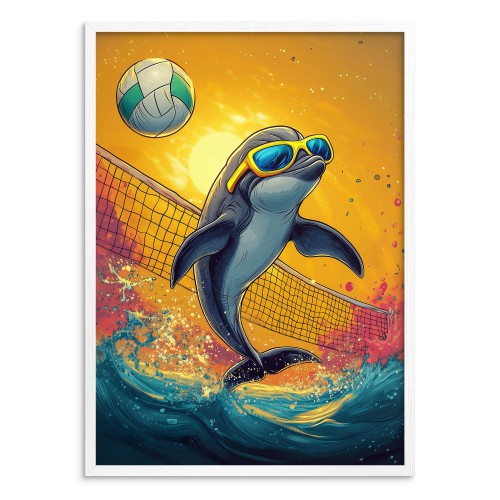 Plakat z wesołym Delfinem w Okularach – Siatkówka Plażowa | Kolorowa Dekoracja do Pokoju Dziecka i nastolatka 94221 - zdjęcie 4