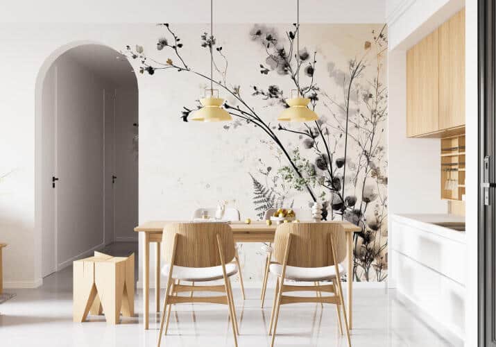 Stylowa Fototapeta do eleganckiego wnętrza- Subtelne rośliny na beżowym tle | Minimalistyczna Dekoracja w stylu Modern Farmhouse  94006