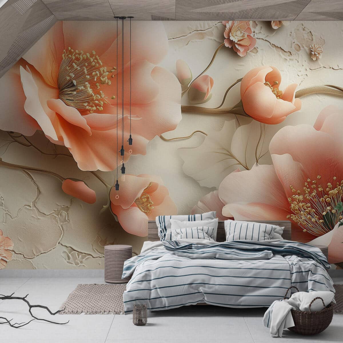 Romantyczna Fototapeta z Efektem 3D- Różowe Kwiaty | Elegancka dekoracja na ścianę do sypialni 82117 - zdjęcie 2