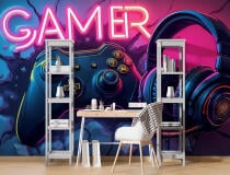 Młodzieżowa Fototapeta z Neonowym Napisem GAMER | Tapeta 3D na ścianę do pokoju chłopca, gracza 82168