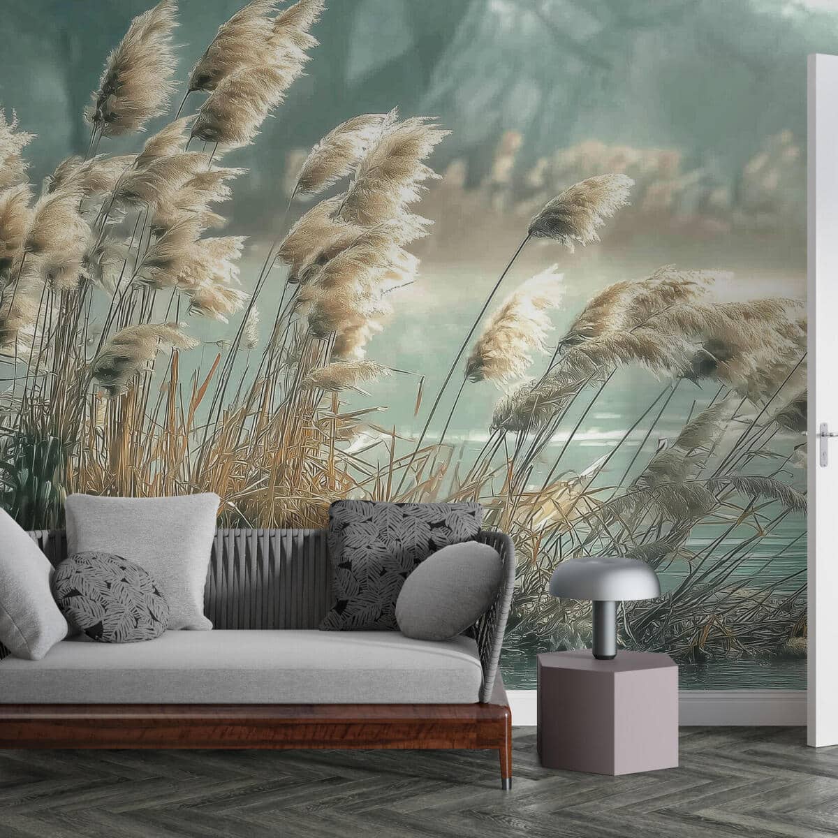 Relaksująca Fototapeta z Krajobrazem Jeziora- Trawy i Trzciny nad Wodą | Tapeta do salonu w stylu boho 82111 - zdjęcie 3