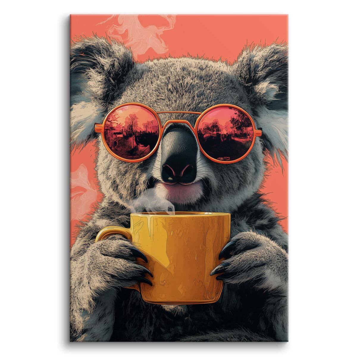 Śmieszny obraz na płótnie – Koala z kubkiem kawy | Dekoracja ścienna do pokoju nastolatka, kuchni, kawiarni O94118 - zdjęcie 1