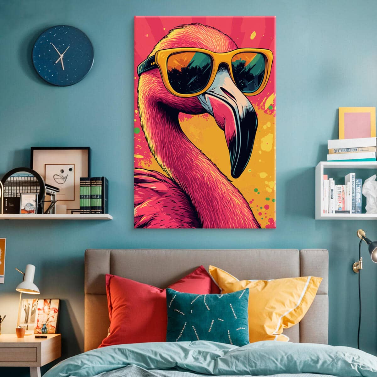 Obraz na płótnie Flaming w okularach | Kolorowa dekoracja ścienna | Tropikalny styl pop art do salonu, biura i pokoju młodzieżowego O94120 - zdjęcie 5