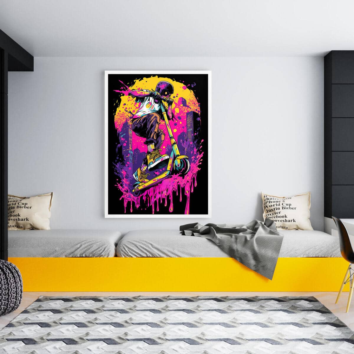Kolorowy plakat graffiti – hulajnoga i i neonowe barwy | Dekoracja Street Art do pokoju chłopca, nastolatka 82192 - zdjęcie 4
