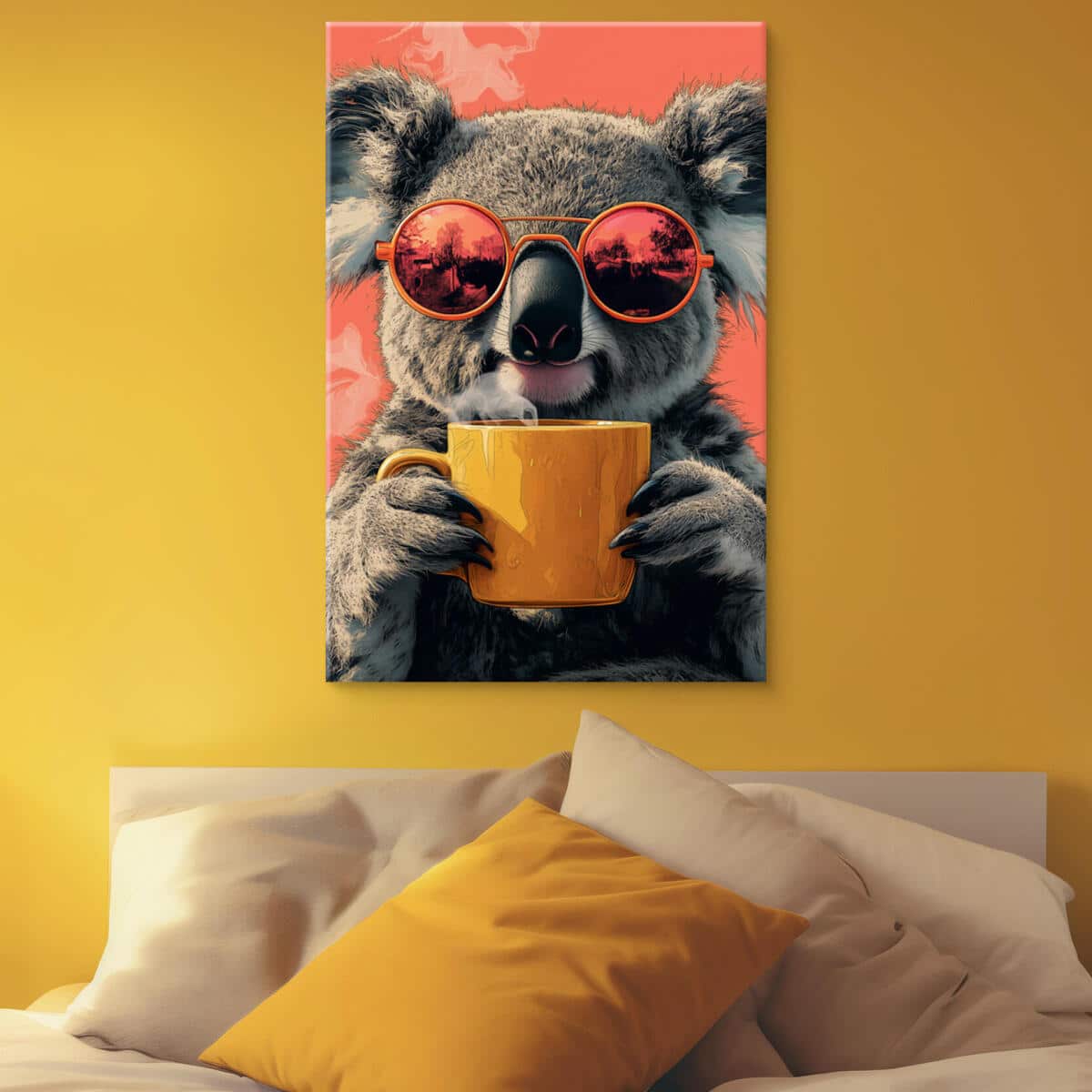 Śmieszny obraz na płótnie – Koala z kubkiem kawy | Dekoracja ścienna do pokoju nastolatka, kuchni, kawiarni O94118 - zdjęcie 2