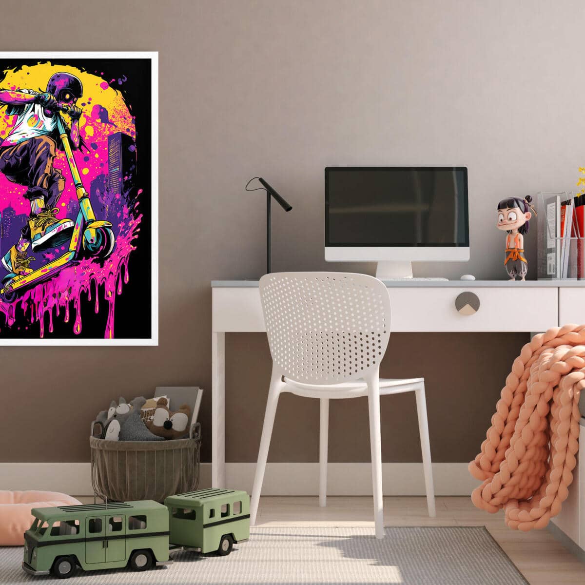 Kolorowy plakat graffiti – hulajnoga i i neonowe barwy | Dekoracja Street Art do pokoju chłopca, nastolatka 82192 - zdjęcie 2