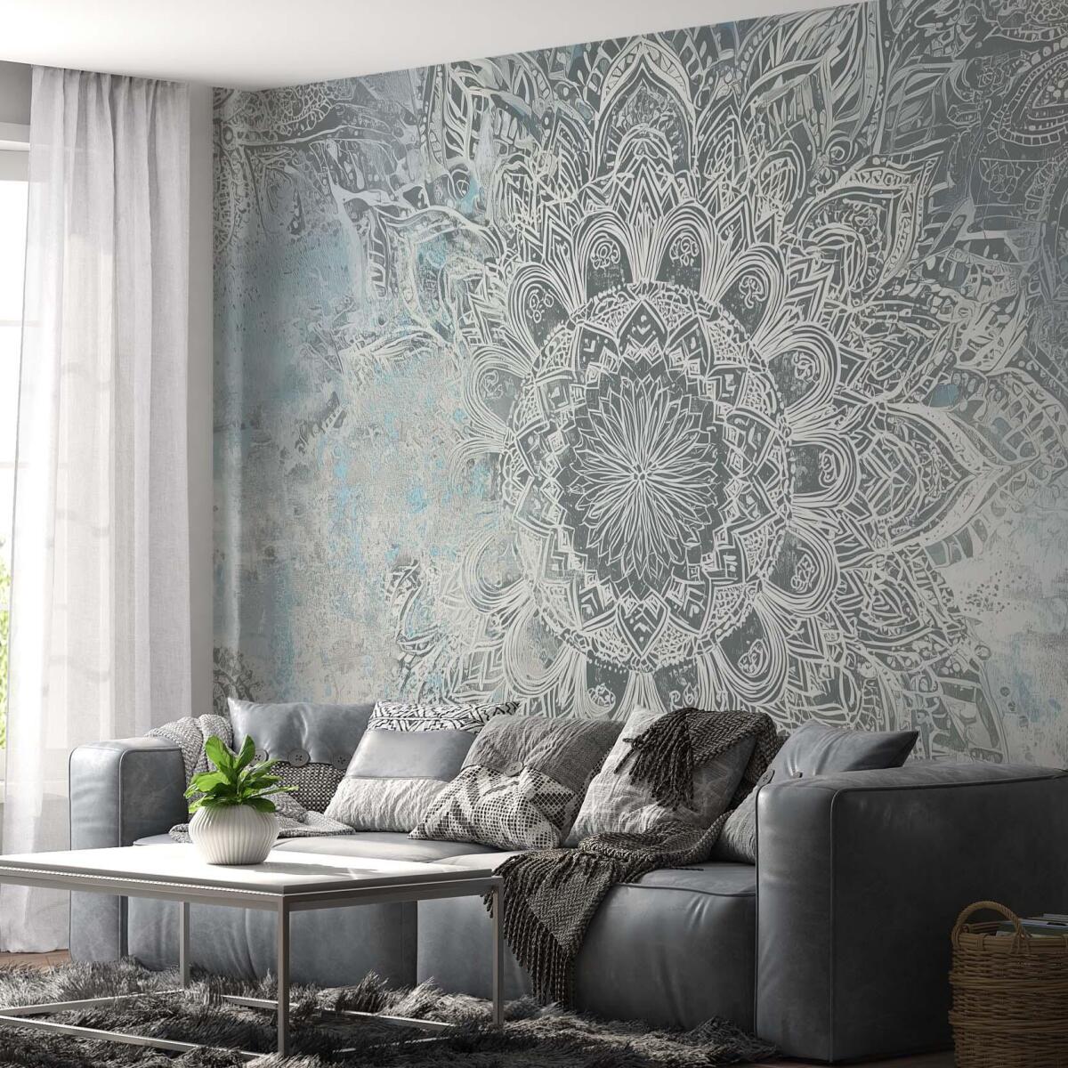 Fototapeta do salonu Elegancka Mandala- Orientalny Wzór w Odcieniach Szarości i Błękitu 82145 - zdjęcie 1