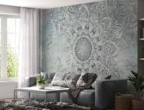 Fototapeta do salonu Elegancka Mandala- Orientalny Wzór w Odcieniach Szarości i Błękitu 82145