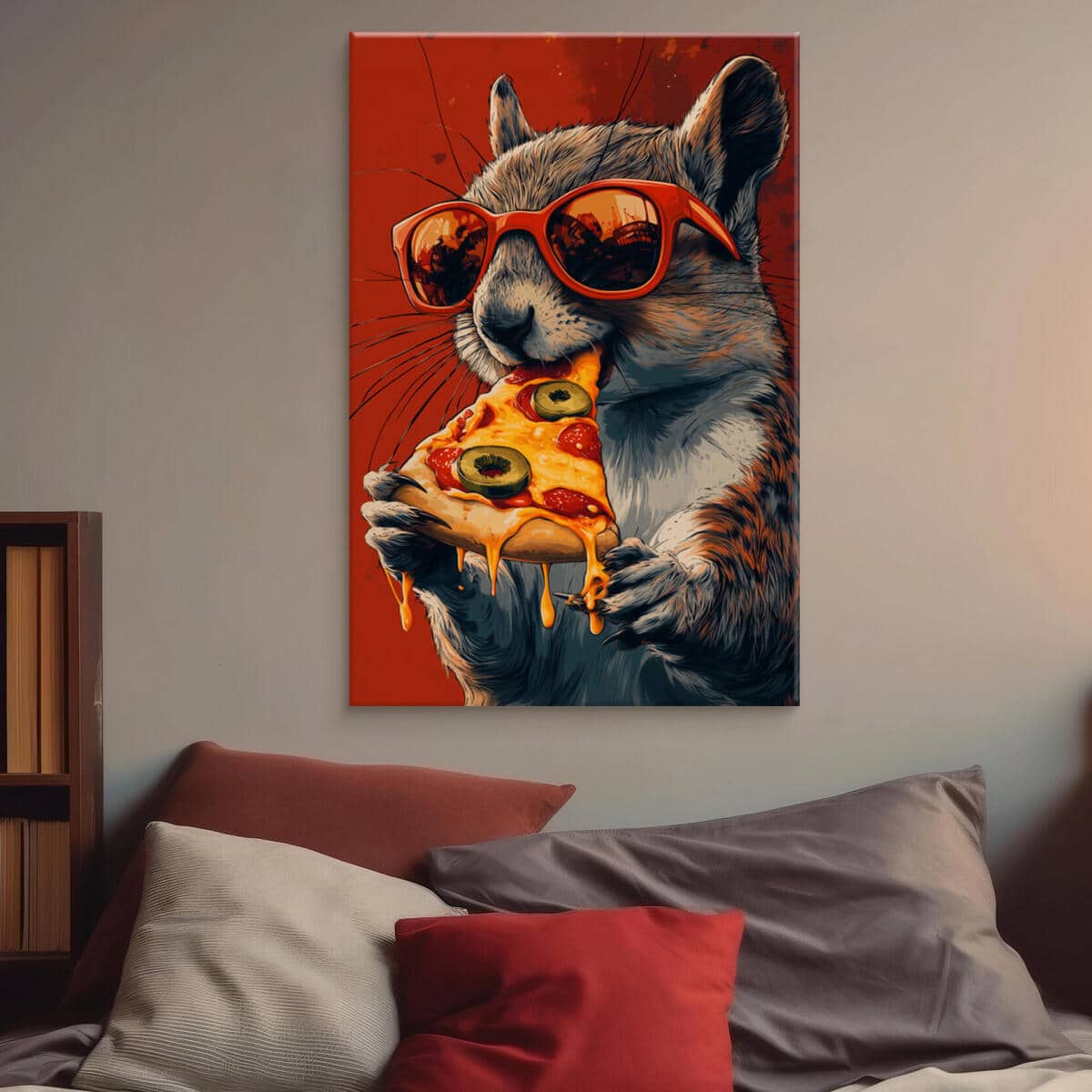 Nowoczesny obraz na płótnie Wiewiórka z pizzą | Dekoracja ścienna pop art | Humorystyczna grafika do biura i pokoju nastolatka O94122 - zdjęcie 4