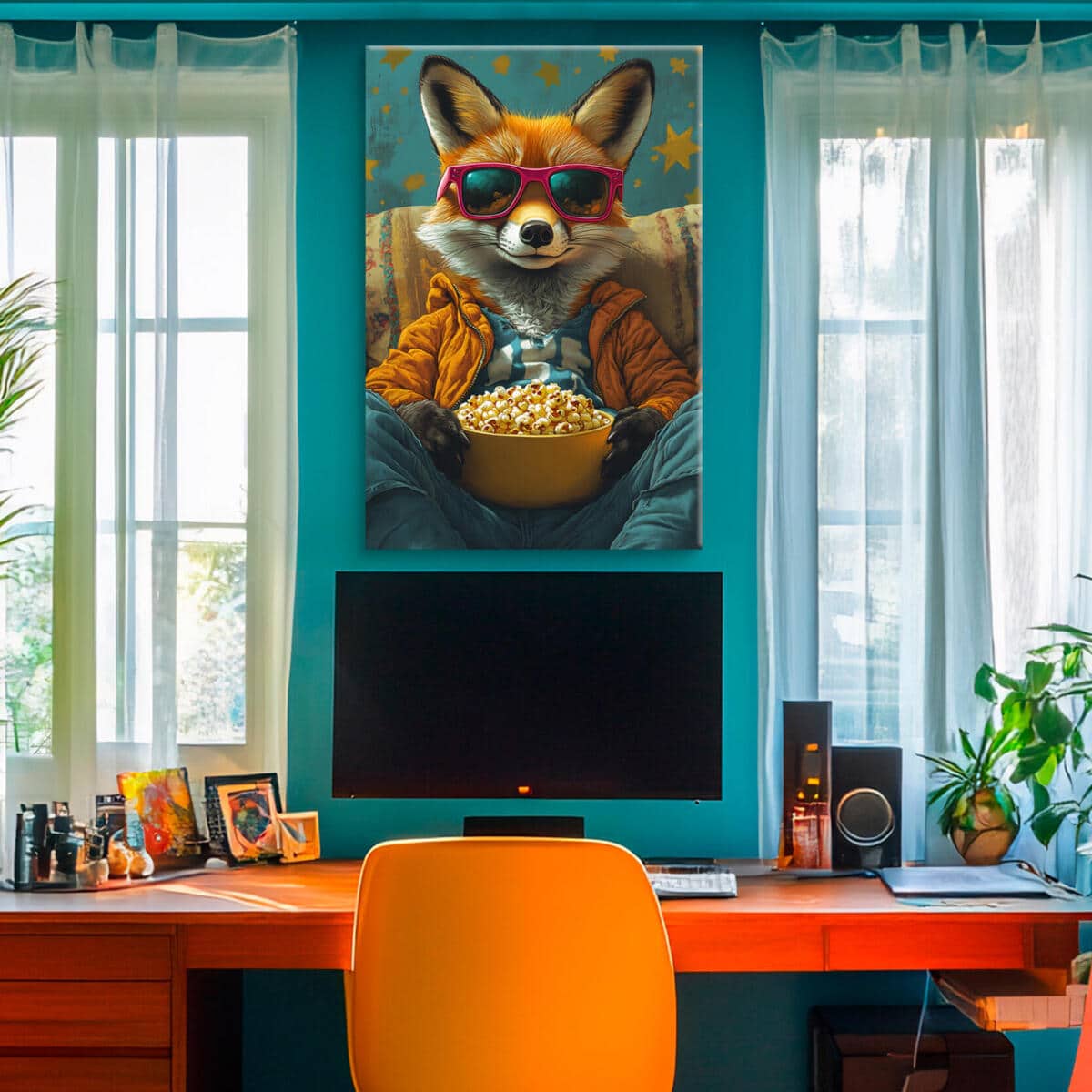 Kolorowy obraz na ścianę– Lis z popcornem | Humorystyczna dekoracja ścienna w stylu Pop Art O94123 - zdjęcie 5