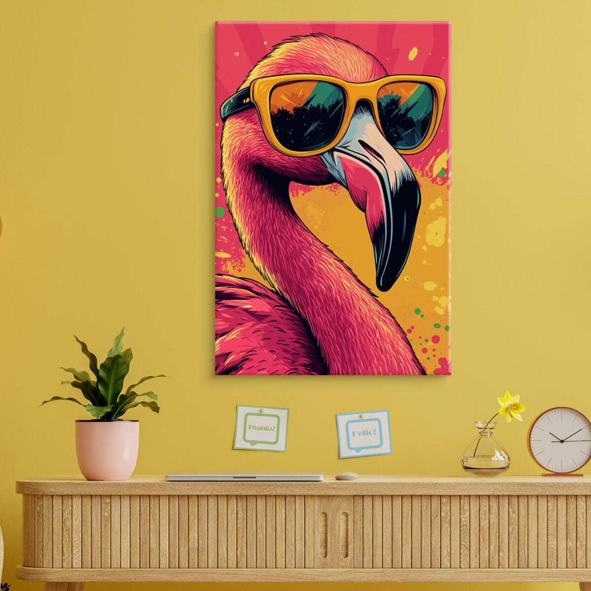 Obraz na płótnie Flaming w okularach | Kolorowa dekoracja ścienna | Tropikalny styl pop art do salonu, biura i pokoju młodzieżowego O94120 - zdjęcie 2