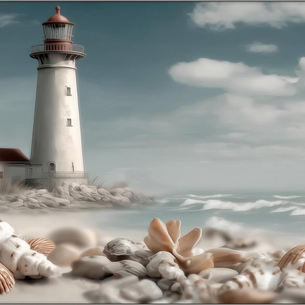 Marynistyczna fototapeta- Latarnia, muszle, plaża | Pejzaż morski do salonu i sypialni 82104 - zdjęcie 4