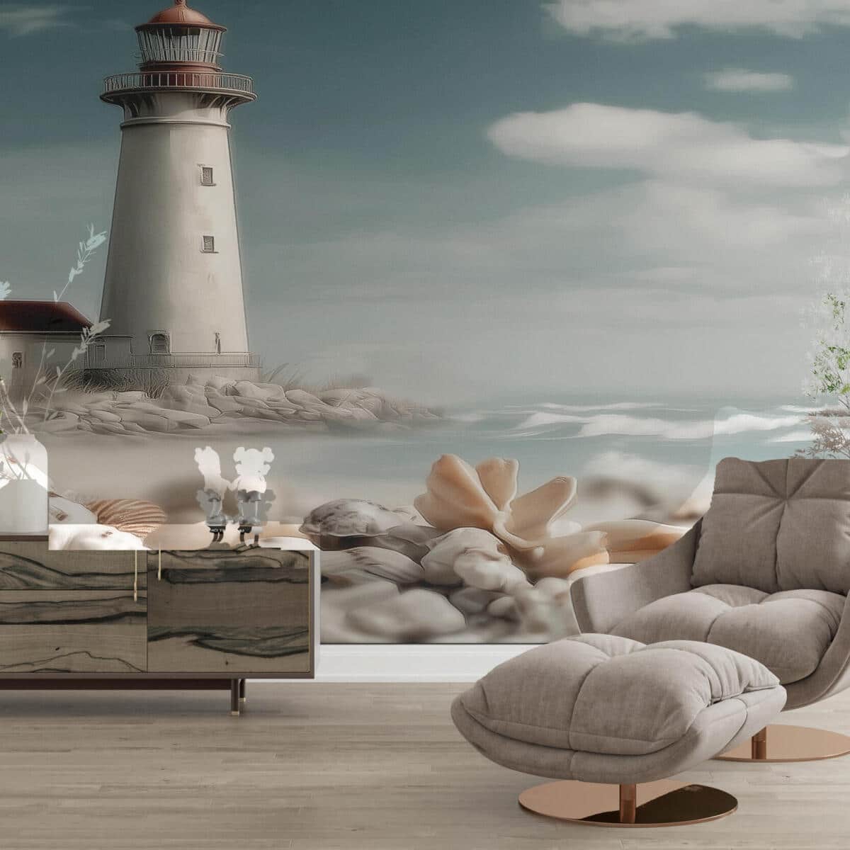 Marynistyczna fototapeta- Latarnia, muszle, plaża | Pejzaż morski do salonu i sypialni 82104 - zdjęcie 3