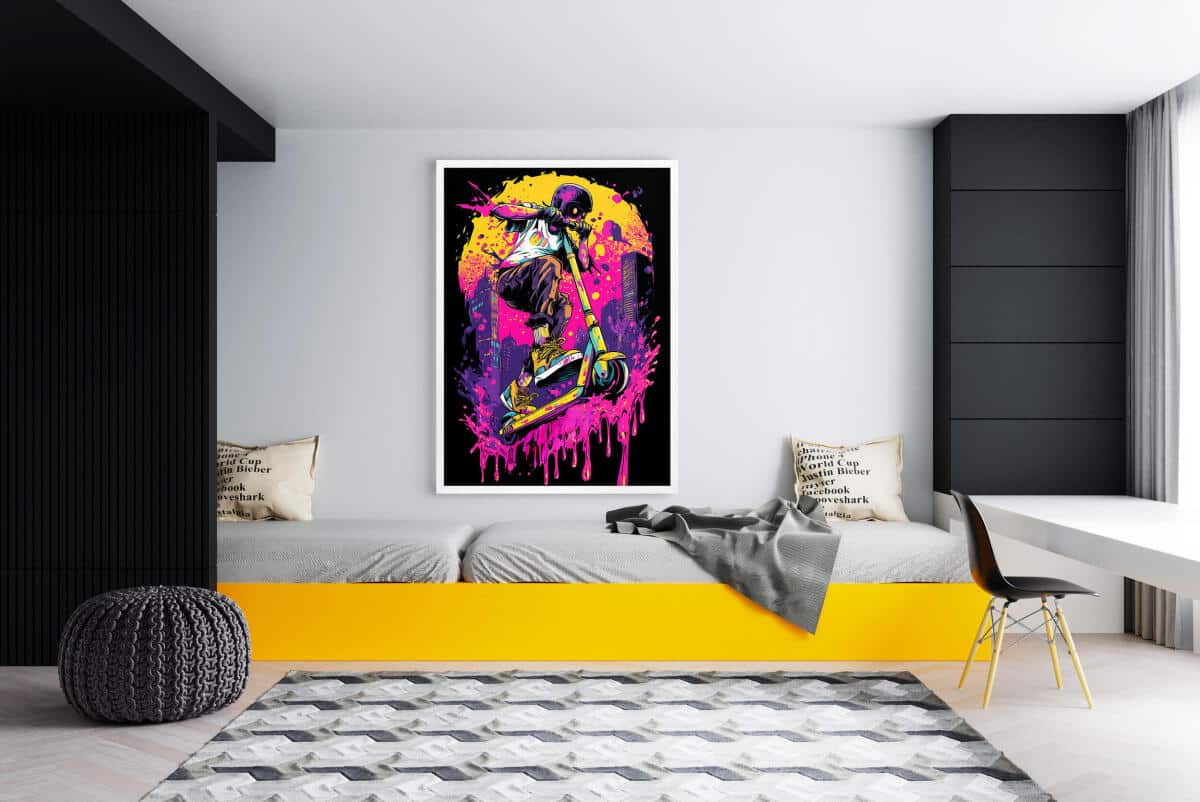 Kolorowy plakat graffiti – hulajnoga i i neonowe barwy | Dekoracja Street Art do pokoju chłopca, nastolatka 82192 - zdjęcie 2