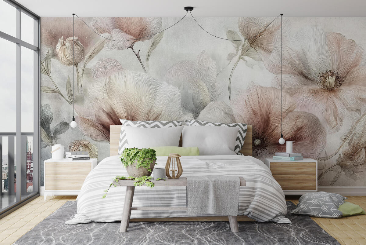 Fototapeta- Pastelowe Maki Akwarela | Delikatna Kwiatowa Dekoracja w stylu Vintage 82121 - zdjęcie 3