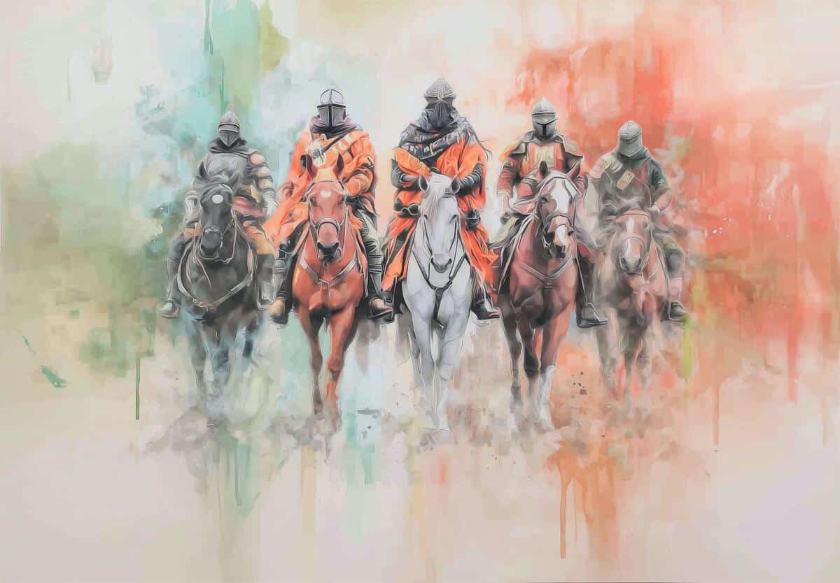 Fototapeta Fantasy z Rycerzami w kolorowej mgle | Oryginalna Tapeta na ścianę dla fana RPG, nastolatka 82313 - zdjęcie 4