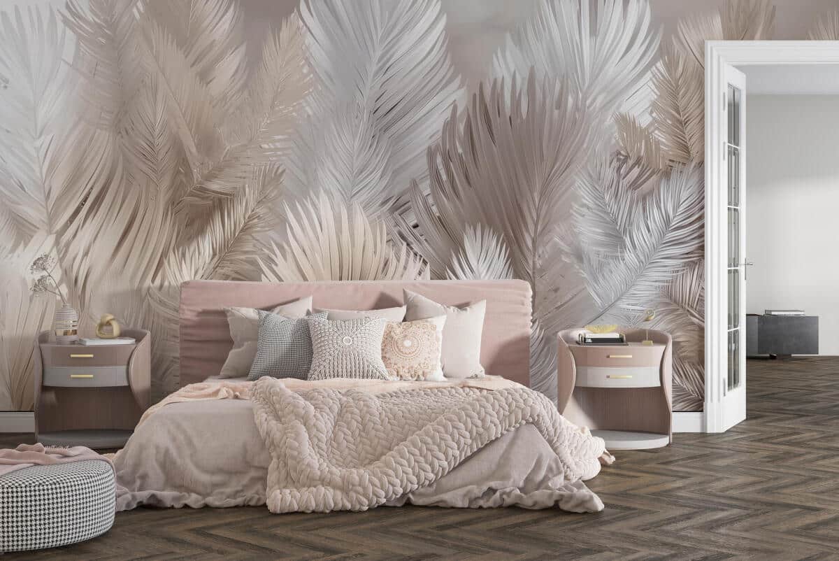 Fototapeta Roślinna w Odcieniach Beżu- Subtelne Liście | Kremowa Tapeta do sypialni 82247 - zdjęcie 2