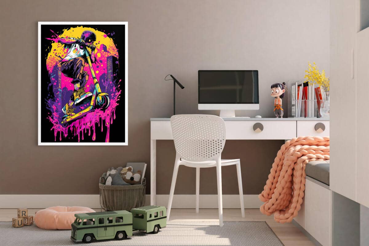 Kolorowy plakat graffiti – hulajnoga i i neonowe barwy | Dekoracja Street Art do pokoju chłopca, nastolatka 82192