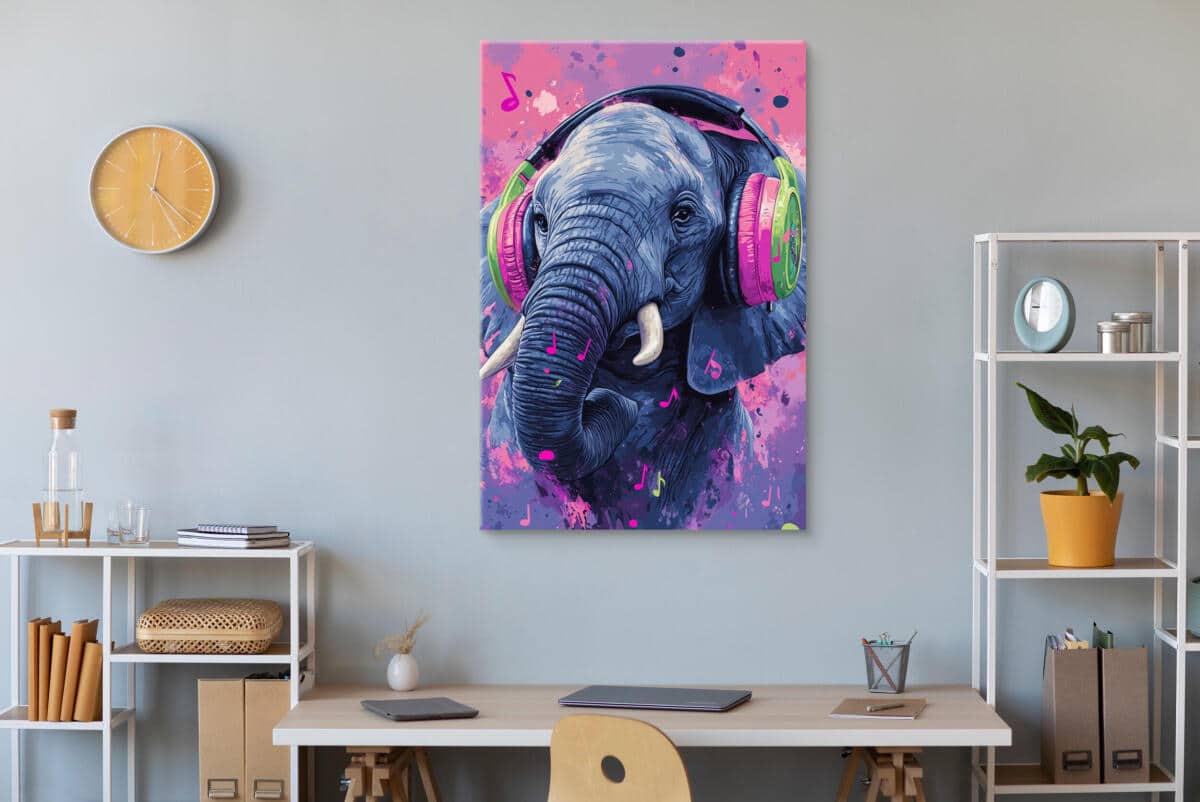 Designerski obraz na płótnie- Kolorowy słoń w słuchawkach | Dekoracja do pokoju młodzieżowego O94125 - zdjęcie 4