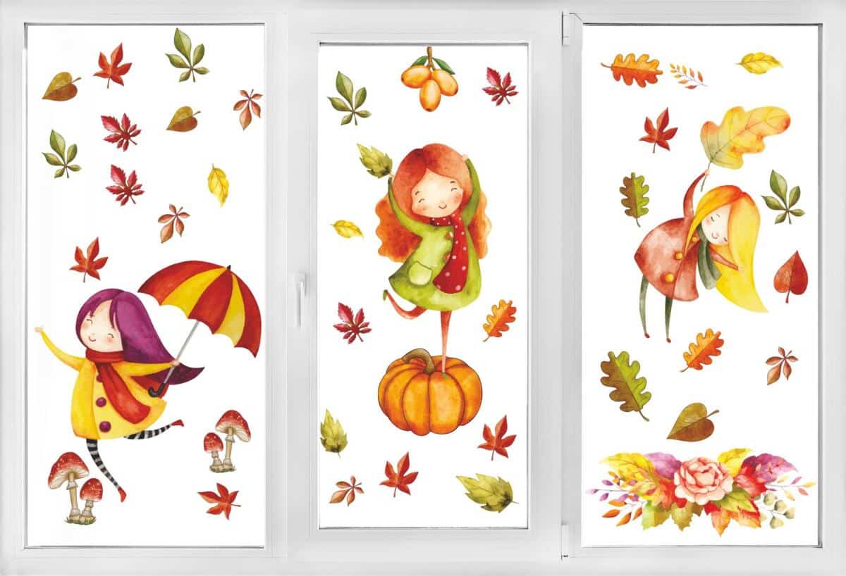 Jesienne dekoracje na szybę- akwarelowe liście | Dwustronne Naklejki na Okno do pokoju dziecka, przedszkola 68025 - zdjęcie 3